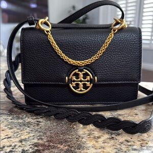 Tory Burch Black and Gold Crossbody Bag with Signature Medallion